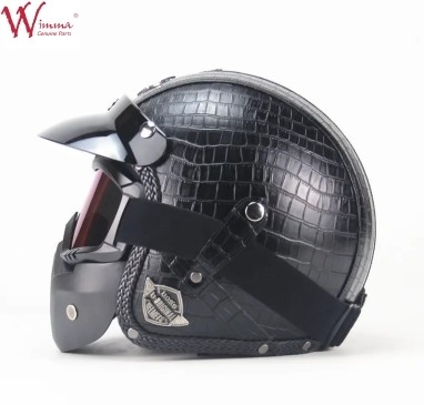 Casque de moto à visage complet imitation de peau de crocodile rétro avec lunettes amovibles
