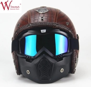 Casque de moto à visage complet imitation de peau de crocodile rétro avec lunettes amovibles