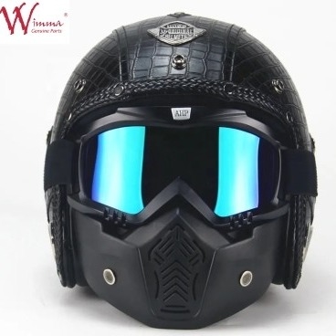 Casque de moto à visage complet imitation de peau de crocodile rétro avec lunettes amovibles